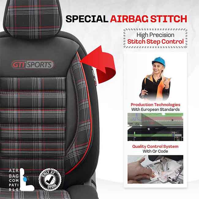 Καλύμματα Αυτοκινήτου Otom GTI Sports Design Universal Jacquard / Lacost / Δερματίνη Σετ Εμπρός / Πίσω Μαύρο - Κόκκινο GTI-801 11 Τεμάχια - Image 4