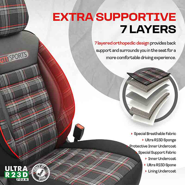 Καλύμματα Αυτοκινήτου Otom GTI Sports Design Universal Jacquard / Lacost / Δερματίνη Σετ Εμπρός / Πίσω Μαύρο - Κόκκινο GTI-801 11 Τεμάχια - Image 10