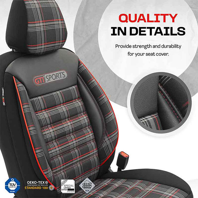 Καλύμματα Αυτοκινήτου Otom GTI Sports Design Universal Jacquard / Lacost / Δερματίνη Σετ Εμπρός / Πίσω Μαύρο - Κόκκινο GTI-801 11 Τεμάχια - Image 3