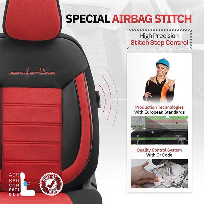 Καλύμματα Αυτοκινήτου Otom Comfortline Design Universal Sued / Rachel / Δερματίνη Σετ Εμπρός / Πίσω Μαύρο - Κόκκινο CMF-207 11 Τεμάχια - Image 8