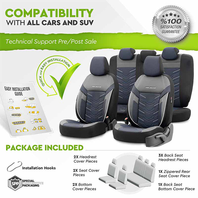 Καλύμματα Αυτοκινήτου Otom Reflective Design Universal Jacquard / Rachel / Δερματίνη Σετ Εμπρός / Πίσω Μαύρο Με Μπλε Ραφή RFL-2604 11 Τεμάχια - Image 3