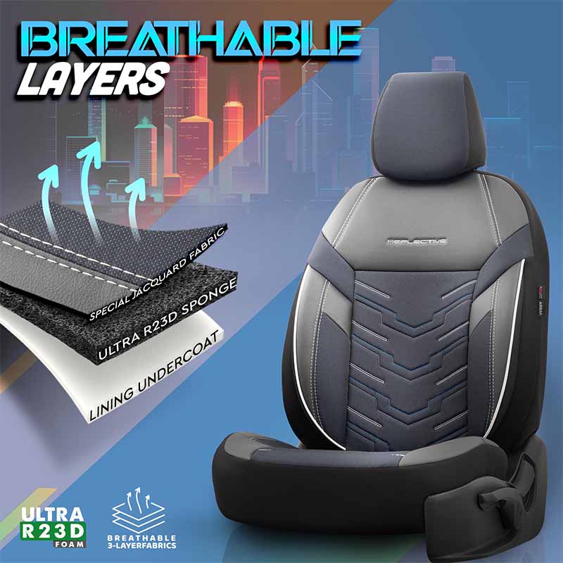 Καλύμματα Αυτοκινήτου Otom Reflective Design Universal Jacquard / Rachel / Δερματίνη Σετ Εμπρός / Πίσω Μαύρο Με Μπλε Ραφή RFL-2604 11 Τεμάχια - Image 7