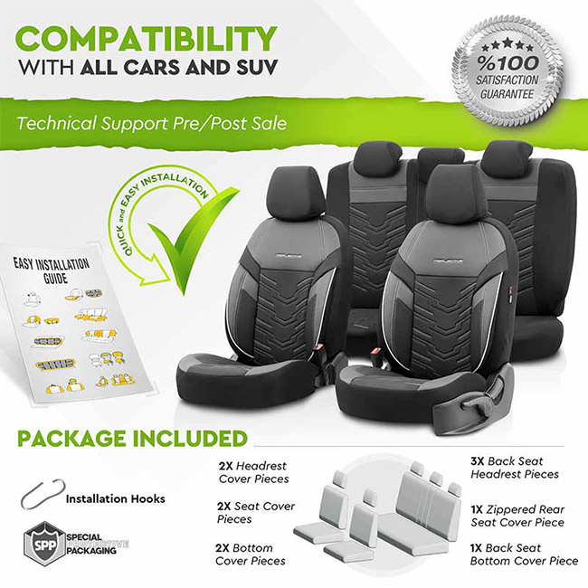 Καλύμματα Αυτοκινήτου Otom Reflective Design Universal Jacquard / Rachel / Δερματίνη Σετ Εμπρός / Πίσω Μαύρο Με Άσπρη Ραφή RFL-2602 11 Τεμάχια - Image 4