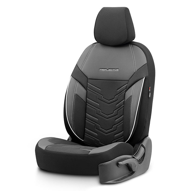 Καλύμματα Αυτοκινήτου Otom Reflective Design Universal Jacquard / Rachel / Δερματίνη Σετ Εμπρός / Πίσω Μαύρο Με Άσπρη Ραφή RFL-2602 11 Τεμάχια - Image 2