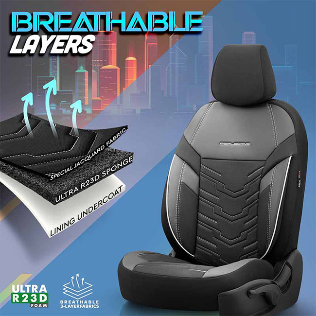 Καλύμματα Αυτοκινήτου Otom Reflective Design Universal Jacquard / Rachel / Δερματίνη Σετ Εμπρός / Πίσω Μαύρο Με Άσπρη Ραφή RFL-2602 11 Τεμάχια - Image 3