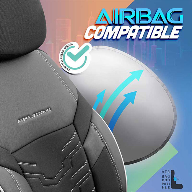 Καλύμματα Αυτοκινήτου Otom Reflective Design Universal Jacquard / Rachel / Δερματίνη Σετ Εμπρός / Πίσω Μαύρο Με Άσπρη Ραφή RFL-2602 11 Τεμάχια - Image 5