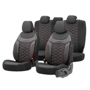 Καλύμματα Αυτοκινήτου Otom Carbon Design Universal Jacquard / Rachel / Δερματίνη Σετ Εμπρός / Πίσω Μαύρο – Κόκκινο CRB-3402 11 Τεμάχια