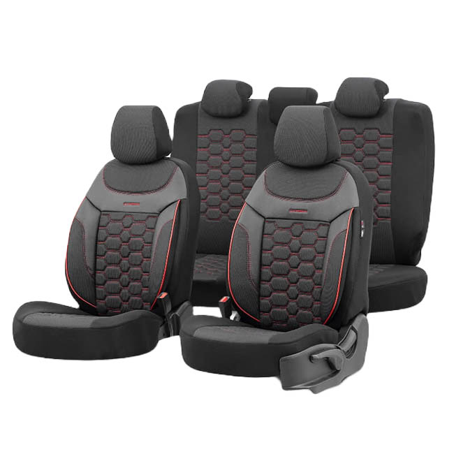Καλύμματα Αυτοκινήτου Otom Carbon Design Universal Jacquard / Rachel / Δερματίνη Σετ Εμπρός / Πίσω Μαύρο – Κόκκινο CRB-3402 11 Τεμάχια