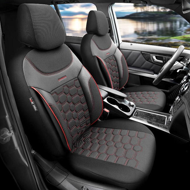 Καλύμματα Αυτοκινήτου Otom Carbon Design Universal Jacquard / Rachel / Δερματίνη Σετ Εμπρός / Πίσω Μαύρο - Κόκκινο CRB-3402 11 Τεμάχια - Image 10