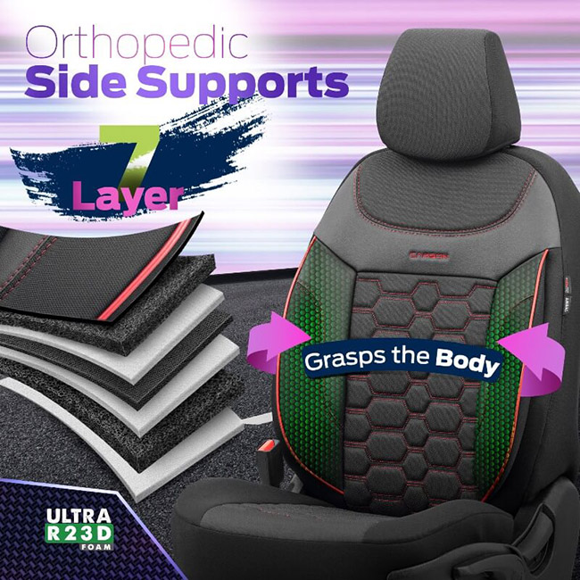 Καλύμματα Αυτοκινήτου Otom Carbon Design Universal Jacquard / Rachel / Δερματίνη Σετ Εμπρός / Πίσω Μαύρο - Κόκκινο CRB-3402 11 Τεμάχια - Image 4