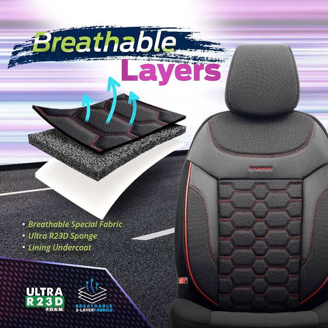 Καλύμματα Αυτοκινήτου Otom Carbon Design Universal Jacquard / Rachel / Δερματίνη Σετ Εμπρός / Πίσω Μαύρο - Κόκκινο CRB-3402 11 Τεμάχια - Image 7