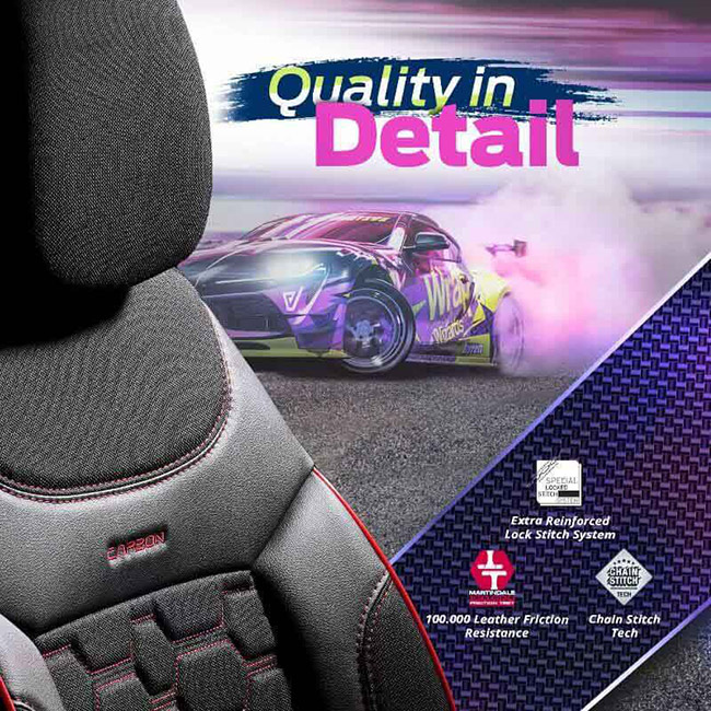 Καλύμματα Αυτοκινήτου Otom Carbon Design Universal Jacquard / Rachel / Δερματίνη Σετ Εμπρός / Πίσω Μαύρο - Κόκκινο CRB-3402 11 Τεμάχια - Image 5