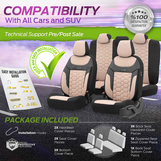 Καλύμματα Αυτοκινήτου Otom Carbon Design Universal Jacquard / Rachel / Δερματίνη Σετ Εμπρός / Πίσω Μπεζ CRB-3403 11 Τεμάχια - Image 3