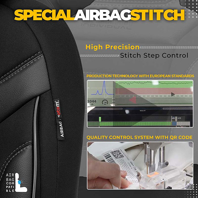 Καλύμματα Αυτοκινήτου Otom Individual Design Universal Jacquard / Rachel / Δερματίνη Σετ Εμπρός / Πίσω Μαύρο Με Γκρι Ραφές IND-202 11 Τεμάχια - Image 4