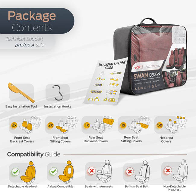 Καλύμματα Αυτοκινήτου Otom Swan Universal Λινό Ύφασμα / Rachel / Δερματίνη Σετ Εμπρός / Πίσω Κόκκινο - Μαύρο SWN-502 11 Τεμάχια - Image 9