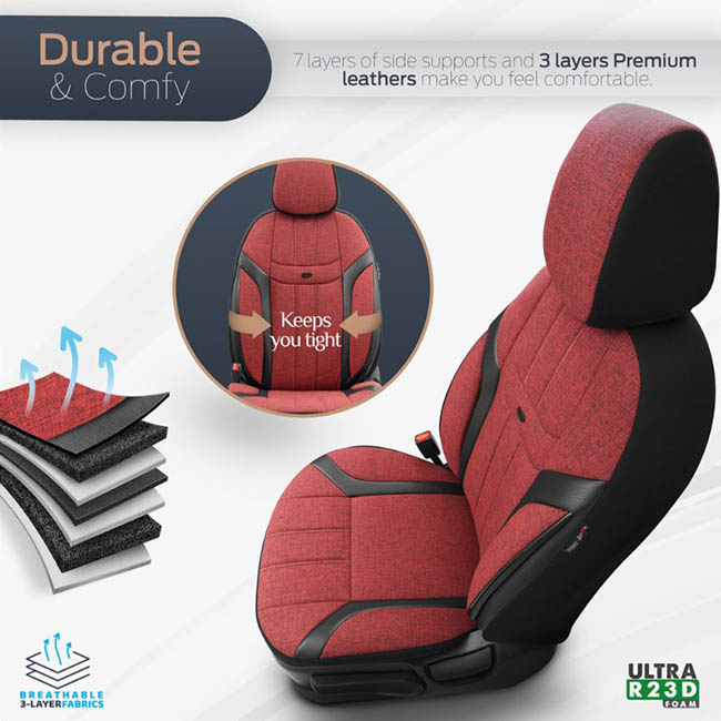 Καλύμματα Αυτοκινήτου Otom Swan Universal Λινό Ύφασμα / Rachel / Δερματίνη Σετ Εμπρός / Πίσω Κόκκινο - Μαύρο SWN-502 11 Τεμάχια - Image 7
