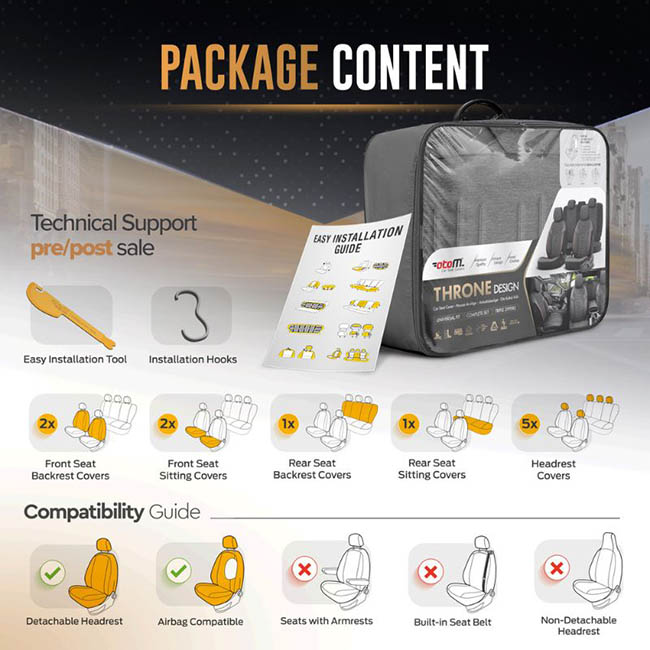 Καλύμματα Αυτοκινήτου Otom Throne Universal Λινό Ύφασμα / Rachel / Δερματίνη Σετ Εμπρός / Πίσω Γκρι - Μαύρο THR-102 11 Τεμάχια - Image 4