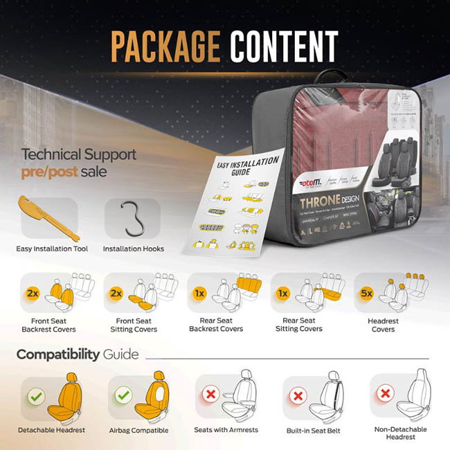Καλύμματα Αυτοκινήτου Otom Throne Universal Λινό Ύφασμα / Rachel / Δερματίνη Σετ Εμπρός / Πίσω Κόκκινο - Μαύρο THR-103 11 Τεμάχια - Image 3