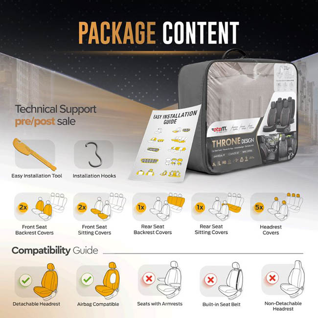 Καλύμματα Αυτοκινήτου Otom Throne Universal Λινό Ύφασμα / Rachel / Δερματίνη Σετ Εμπρός / Πίσω Μπεζ THR-104 11 Τεμάχια - Image 3