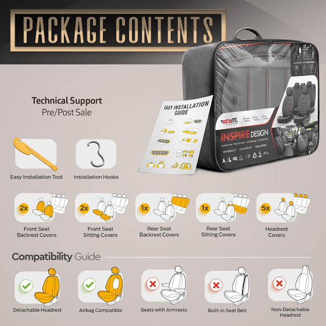 Καλύμματα Αυτοκινήτου Otom Inspire Design Universal Full Δερματίνη Σετ Εμπρός / Πίσω Μαύρο Με Κόκκινη Ραφή INS-3503 11 Τεμάχια - Image 7