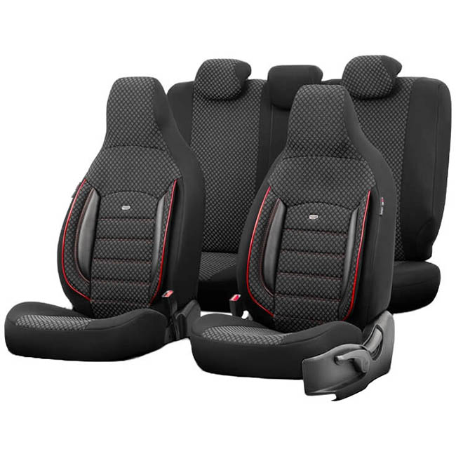 Καλύμματα Αυτοκινήτου Otom Sport Plus City Design Universal Βαμβακερό Ύφασμα / Rachel / Δερματίνη Σετ Εμπρός / Πίσω Με Ενσωματωμένα Προσκέφαλα Μαύρο Με Κόκκινο Κέντημα SPTPLS-102CTY 11 Τεμαχίων1