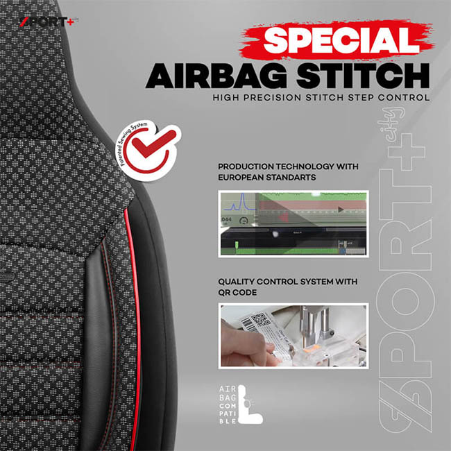 Καλύμματα Αυτοκινήτου Otom Sport Plus City Design Universal Βαμβακερό Ύφασμα / Rachel / Δερματίνη Σετ Εμπρός / Πίσω Με Ενσωματωμένα Προσκέφαλα Μαύρο Με Κόκκινο Κέντημα SPTPLS-102CTY 11 Τεμαχίων1 - Image 10