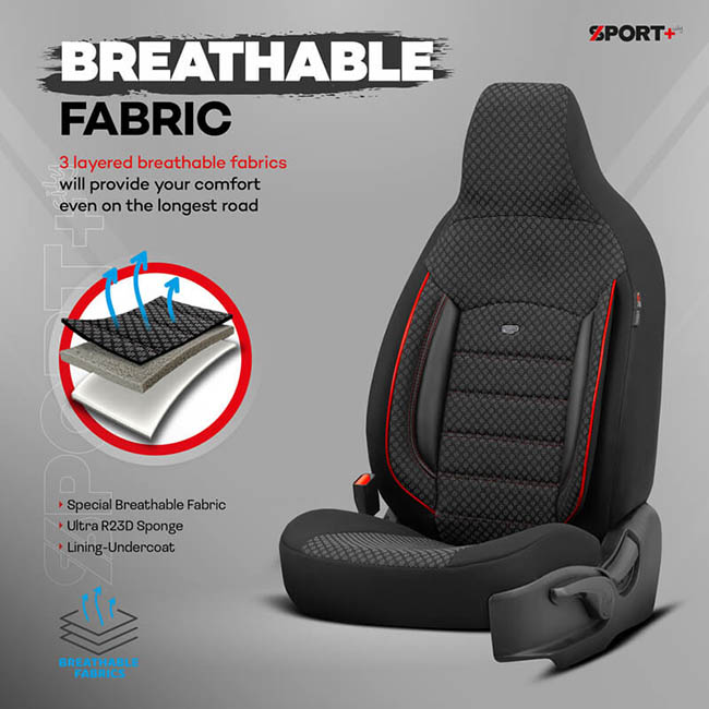 Καλύμματα Αυτοκινήτου Otom Sport Plus City Design Universal Βαμβακερό Ύφασμα / Rachel / Δερματίνη Σετ Εμπρός / Πίσω Με Ενσωματωμένα Προσκέφαλα Μαύρο Με Κόκκινο Κέντημα SPTPLS-102CTY 11 Τεμαχίων1 - Image 8