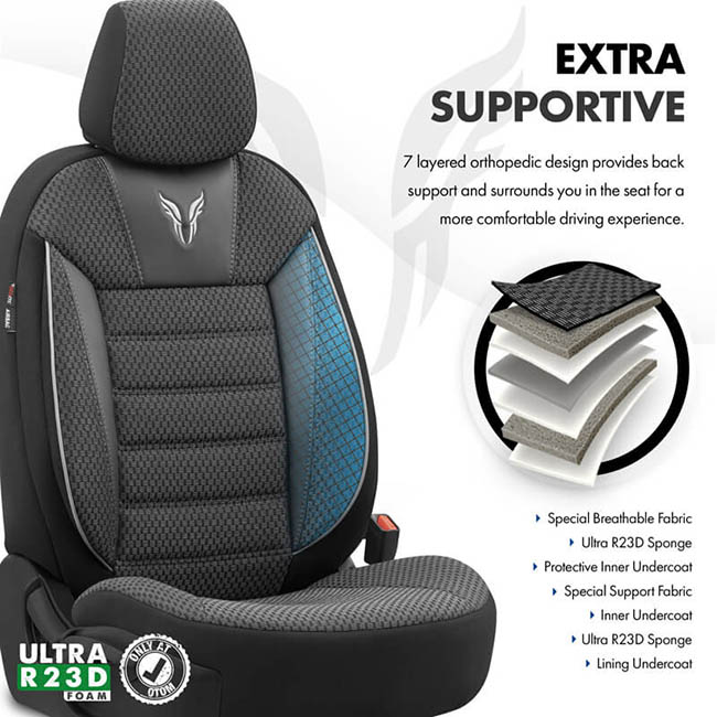 Καλύμματα Αυτοκινήτου Otom Toro Design Universal Βαμβακερό Ύφασμα / Δερματίνη Σετ Εμπρός / Πίσω Μαύρο - Γκρι ΤRΟ-902 11 Τεμάχια - Image 9