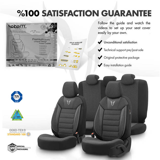 Καλύμματα Αυτοκινήτου Otom Toro Design Universal Βαμβακερό Ύφασμα / Δερματίνη Σετ Εμπρός / Πίσω Μαύρο - Γκρι ΤRΟ-902 11 Τεμάχια - Image 4