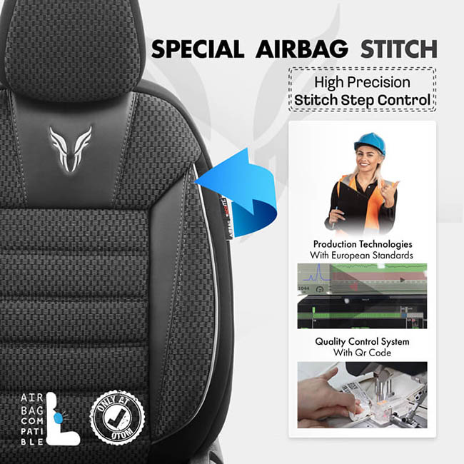 Καλύμματα Αυτοκινήτου Otom Toro Design Universal Βαμβακερό Ύφασμα / Δερματίνη Σετ Εμπρός / Πίσω Μαύρο - Γκρι ΤRΟ-902 11 Τεμάχια - Image 8