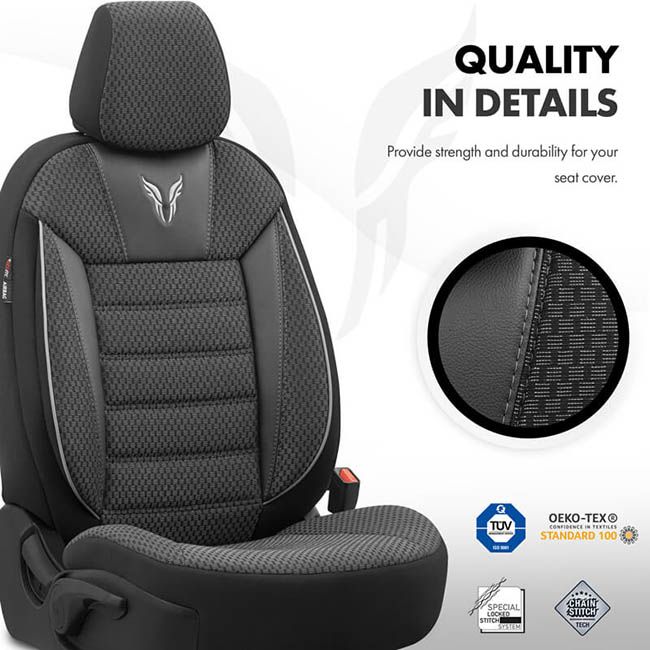 Καλύμματα Αυτοκινήτου Otom Toro Design Universal Βαμβακερό Ύφασμα / Δερματίνη Σετ Εμπρός / Πίσω Μαύρο - Γκρι ΤRΟ-902 11 Τεμάχια - Image 5