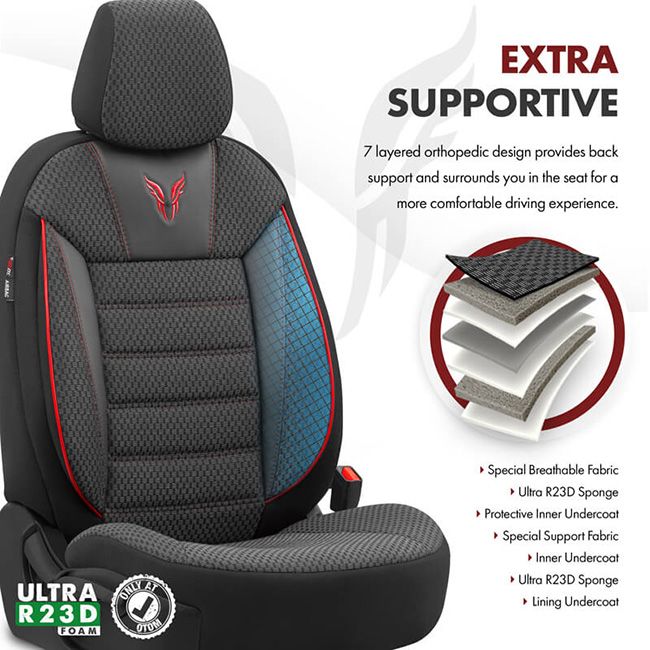 Καλύμματα Αυτοκινήτου Otom Toro Design Universal Βαμβακερό Ύφασμα / Δερματίνη Σετ Εμπρός / Πίσω Μαύρο - Κόκκινο ΤRΟ-901 11 Τεμάχια - Image 8