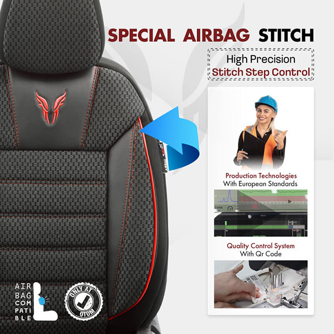 Καλύμματα Αυτοκινήτου Otom Toro Design Universal Βαμβακερό Ύφασμα / Δερματίνη Σετ Εμπρός / Πίσω Μαύρο - Κόκκινο ΤRΟ-901 11 Τεμάχια - Image 4