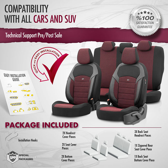 Καλύμματα Αυτοκινήτου Otom Nova Universal Ύφασμα Jacquard / Δερματίνη Σετ Εμπρός / Πίσω Κόκκινο - Μαύρο NOV-3303 11 Τεμάχια - Image 5