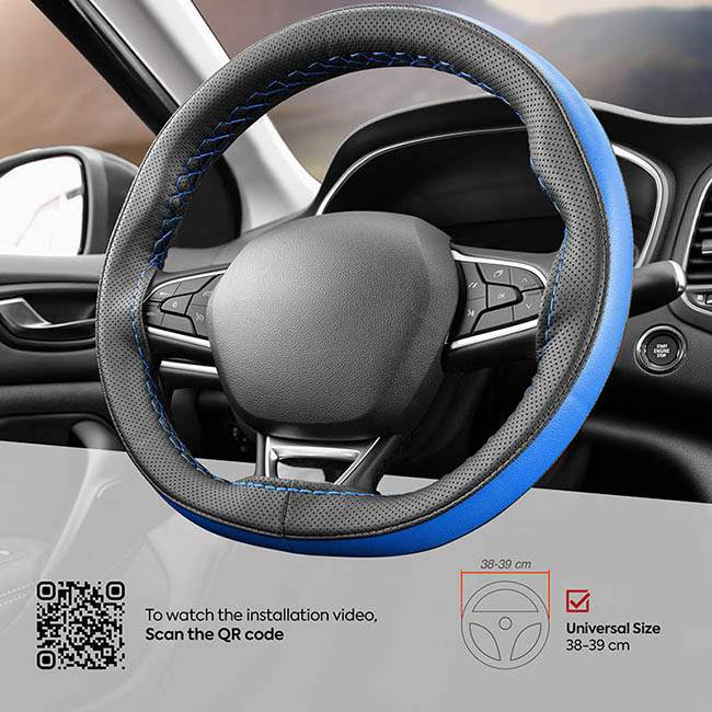 Κάλυμμα Τιμονιού Αυτοκινήτου Δερματίνη Otom Ραφτό Εξώγαζο DK-302 Μαύρο-Μπλε Medium 37-39cm 1 Τεμάχιο - Image 4