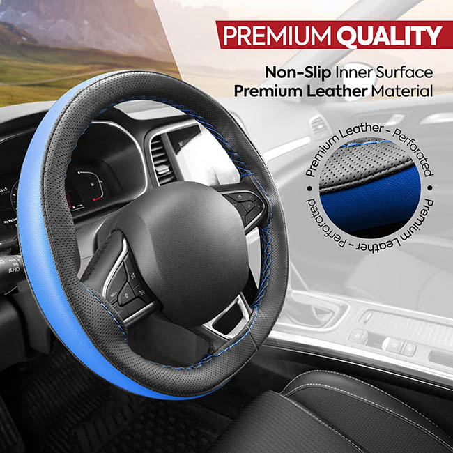 Κάλυμμα Τιμονιού Αυτοκινήτου Δερματίνη Otom Ραφτό Εξώγαζο DK-302 Μαύρο-Μπλε Medium 37-39cm 1 Τεμάχιο - Image 6