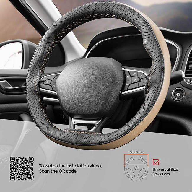 Κάλυμμα Τιμονιού Αυτοκινήτου Δερματίνη Otom Ραφτό Εξώγαζο DK-303 Μαύρο-Μπεζ Medium 37-39cm 1 Τεμάχιο - Image 3