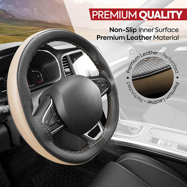 Κάλυμμα Τιμονιού Αυτοκινήτου Δερματίνη Otom Ραφτό Εξώγαζο DK-303 Μαύρο-Μπεζ Medium 37-39cm 1 Τεμάχιο - Image 6