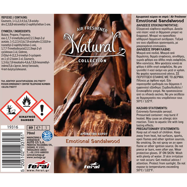 Αρωματικό Αυτοκινήτου Spray Feral Natural Collection Sandalwood 1 Τεμάχιο - Image 2