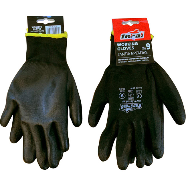 Γάντια Εργασίας Πολυεστέρα -/ PU No9 – Large Μαύρα 2 Τεμάχια