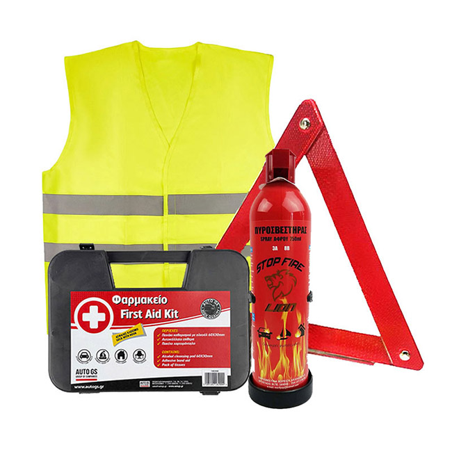 Σετ Ασφαλείας Αυτοκινήτου / Σετ ΚΤΕΟ Τρίγωνο, Φαρμακείο, Πυροσβεστήρας 750 ml, Γιλέκο Κίτρινο 4 Τεμάχια