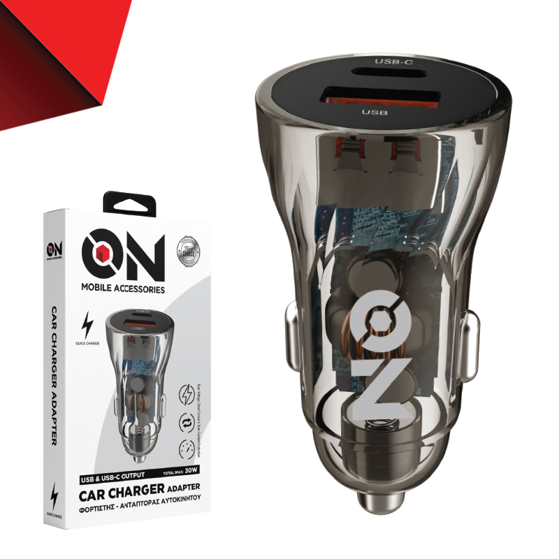 ON Mobile Accessories Φορτιστής Αναπτήρα Αυτοκινήτου με 2 Θύρες USB και USB-c 12-24V Διάφανος