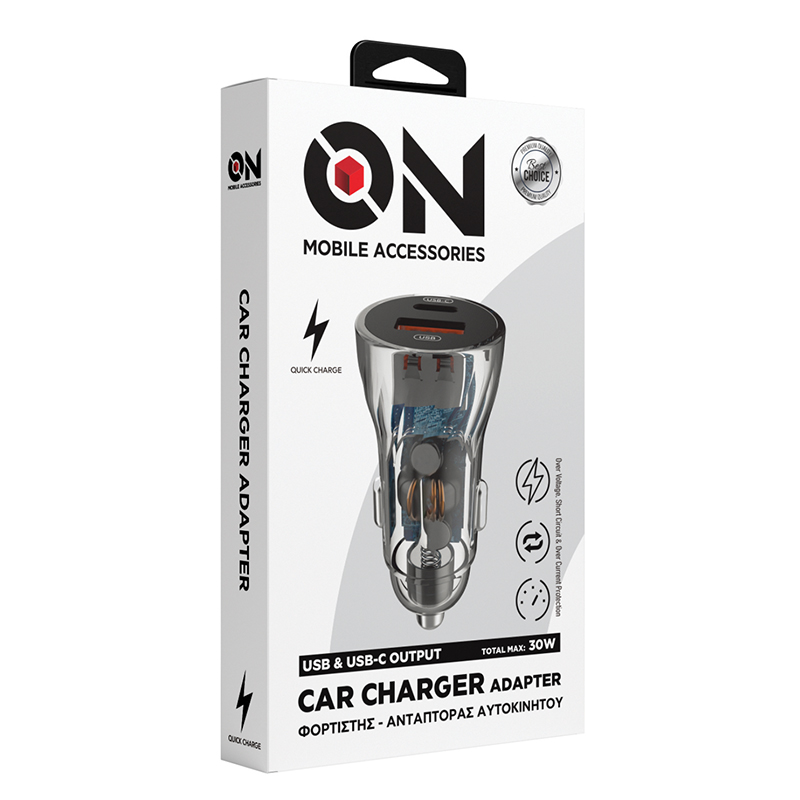 ON Mobile Accessories Φορτιστής Αναπτήρα Αυτοκινήτου με 2 Θύρες USB και USB-c 12-24V Διάφανος - Image 4