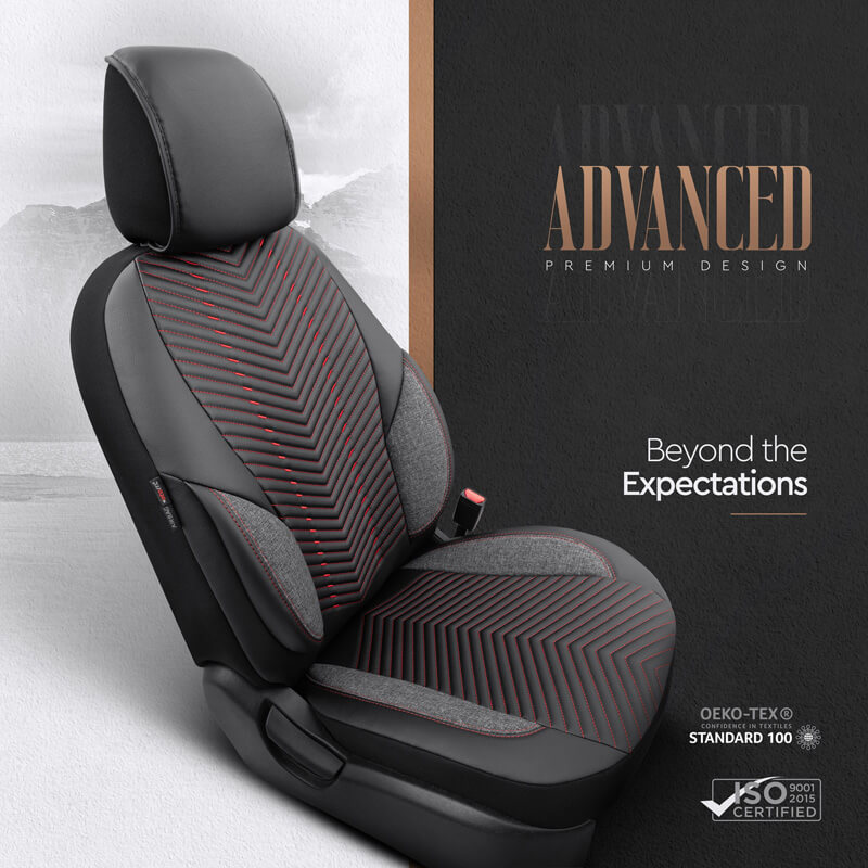 Καλύμματα Αυτοκινήτου Otom "Advanced Leather" Universal Δερματίνη / Λινό Ύφασμα Σετ Εμπρός / Πίσω Μαύρο / Κόκκινο ΑDV-101 11 Τεμαχίων - Image 7