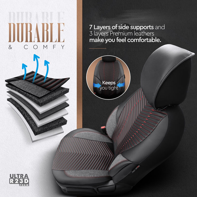 Καλύμματα Αυτοκινήτου Otom "Advanced Leather" Universal Δερματίνη / Λινό Ύφασμα Σετ Εμπρός / Πίσω Μαύρο / Κόκκινο ΑDV-101 11 Τεμαχίων - Image 9