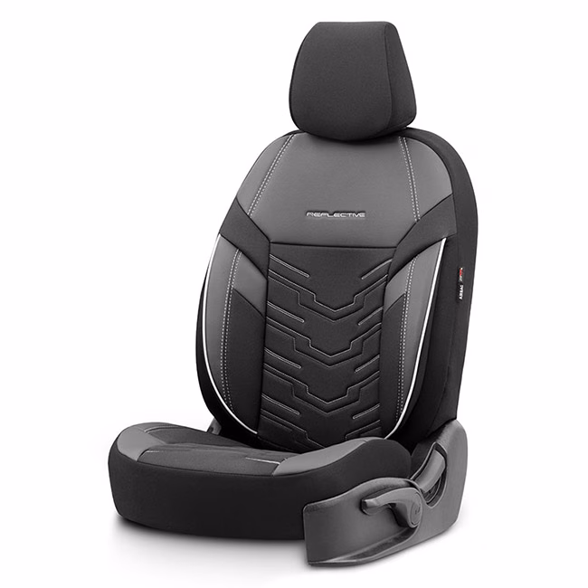 Καλύμματα Αυτοκινήτου Otom Reflective Design Universal Jacquard / Rachel / Δερματίνη Σετ Εμπρός / Πίσω Μαύρο Με Άσπρη Ραφή RFL-2602 11 Τεμάχια - Image 6