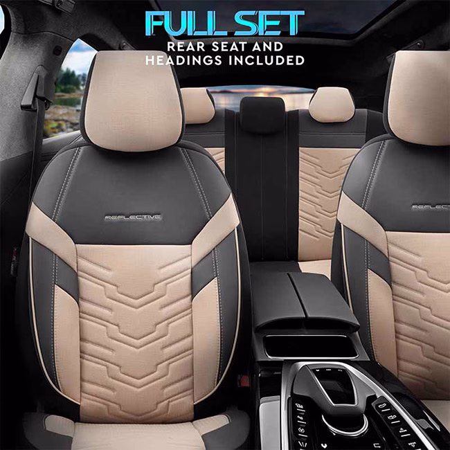Καλύμματα Αυτοκινήτου Otom Reflective Design Universal Jacquard / Rachel / Δερματίνη Σετ Εμπρός / Πίσω Μαύρο - Μπεζ RFL-2605 11 Τεμάχια - Image 3