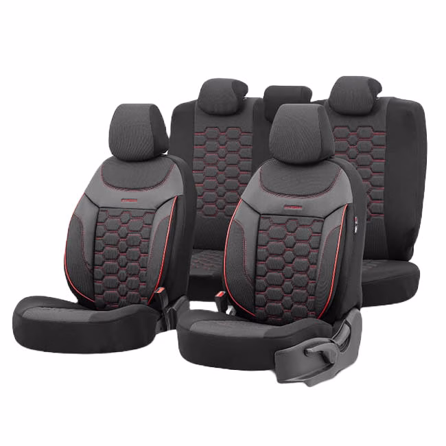 Καλύμματα Αυτοκινήτου Otom Carbon Design Universal Jacquard / Rachel / Δερματίνη Σετ Εμπρός / Πίσω Μαύρο – Κόκκινο CRB-3402 11 Τεμάχια