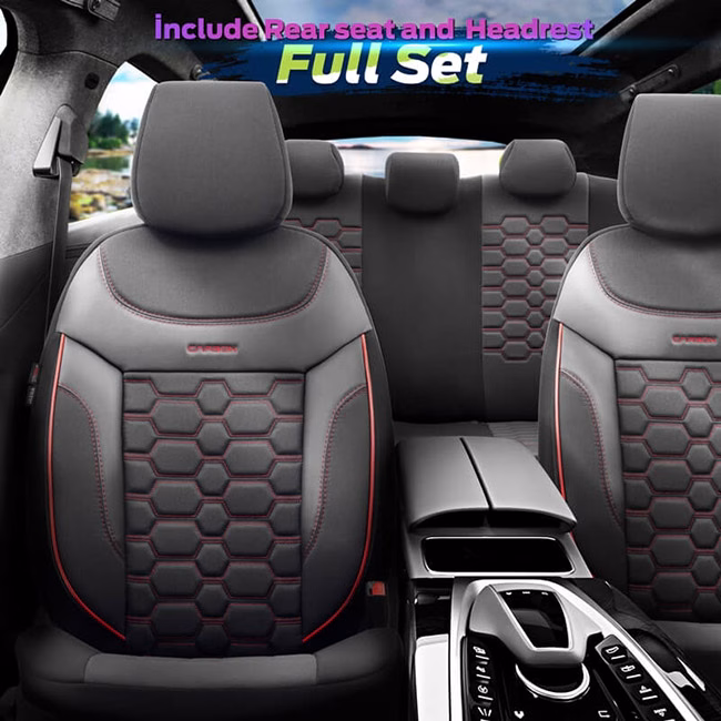 Καλύμματα Αυτοκινήτου Otom Carbon Design Universal Jacquard / Rachel / Δερματίνη Σετ Εμπρός / Πίσω Μαύρο - Κόκκινο CRB-3402 11 Τεμάχια - Image 2