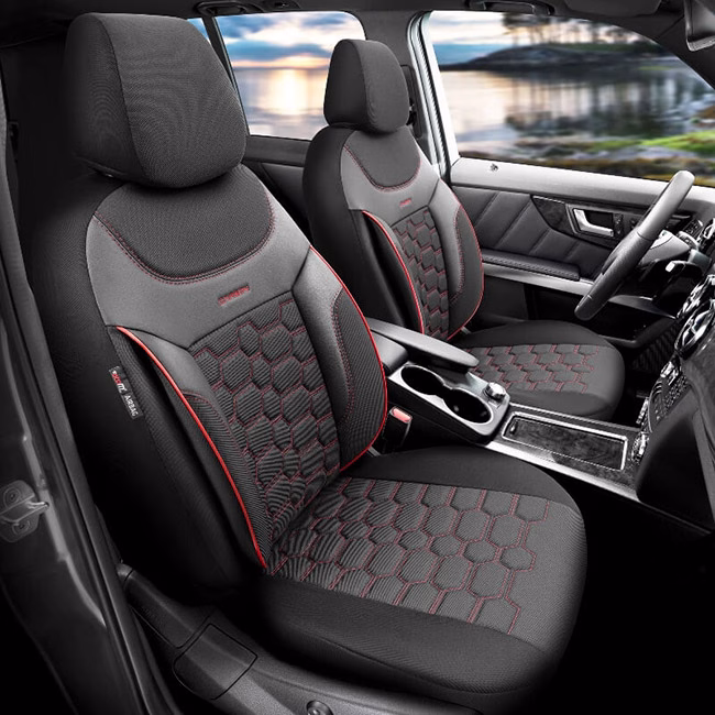 Καλύμματα Αυτοκινήτου Otom Carbon Design Universal Jacquard / Rachel / Δερματίνη Σετ Εμπρός / Πίσω Μαύρο - Κόκκινο CRB-3402 11 Τεμάχια - Image 10